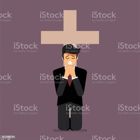 Sadness Man Is On His Knees And Prays To God Stock Illustration