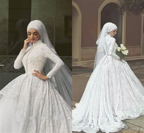 2019 Lace Ball Gown Muslim Wedding Dresses High Neck Long