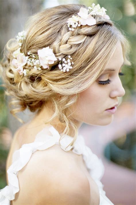 braided crown hairstyle  wedding day  flowers