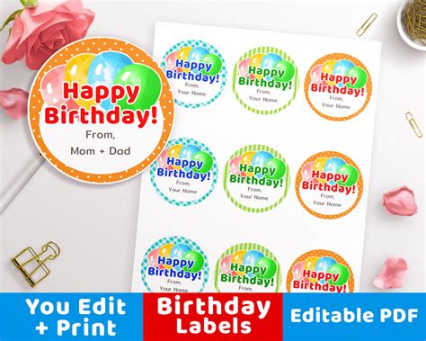 happy birthday labels editable printable  digital  shop