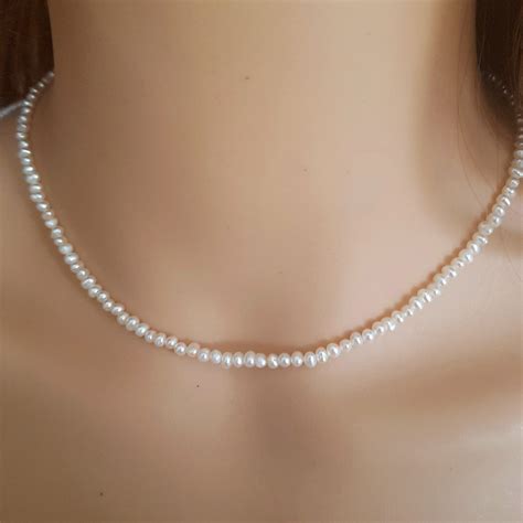 tiny freshwater pearl necklace choker gold fill  sterling silver small mm real white seed