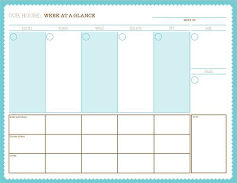 week   glance  printable variety  calendars schedule sheets