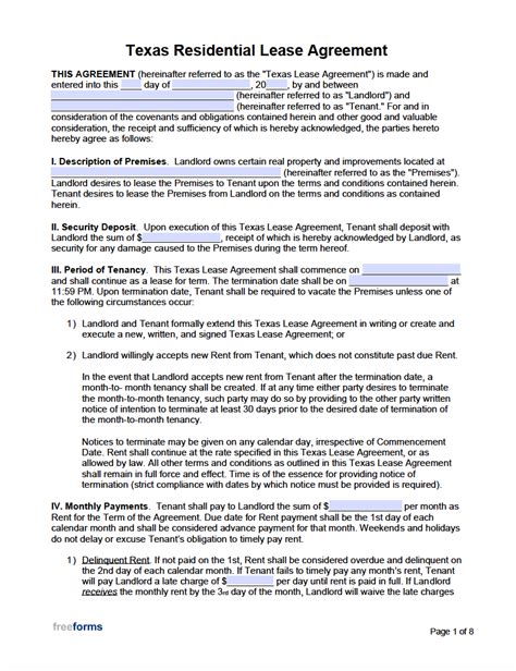printable texas residential lease agreement printable templates
