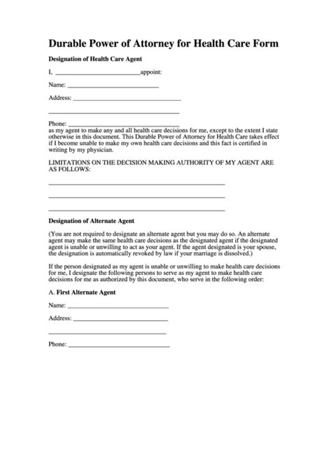 durable power  attorney  health care form printable