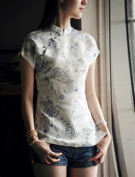 white floral short sleeve chinese qipao cheongsam shirt