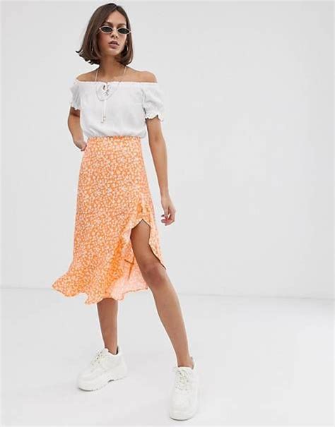 bershka shop bershka tops dresses bottoms asos orange floral skirt floral skirt