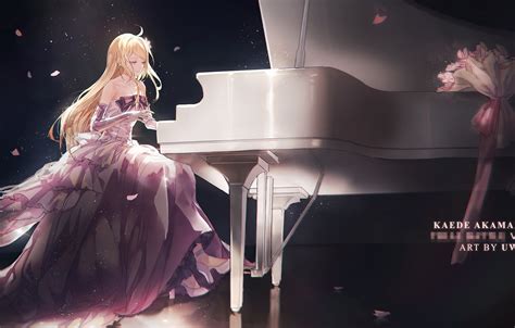 wallpaper girl anime blonde dress piano danganronpa