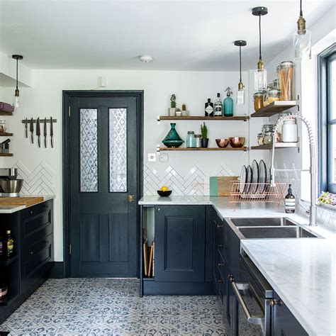 narrow space  stylish kitchen  dark blue