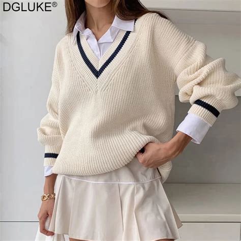 White V Neck Long Sleeve Oversized Sweater Women 2021 Fall Winter