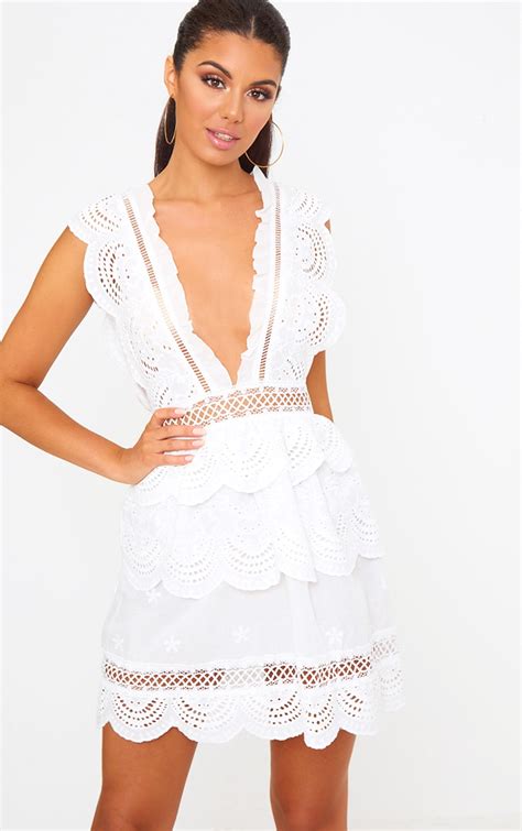 white crochet lace plunge swing dress dresses prettylittlething