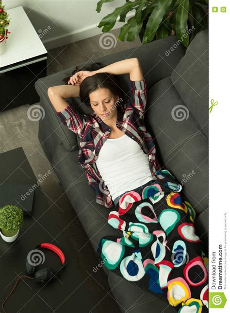 Attractive Brunette Girl Sleeping On The Sofa Stock Image Image Of