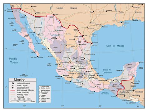 detailed political  administrative map  mexico  major cities