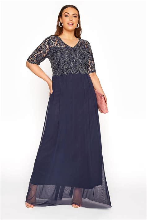 maxi jurk met korte mouwen en bloemenkant  donkerblauw  clothing
