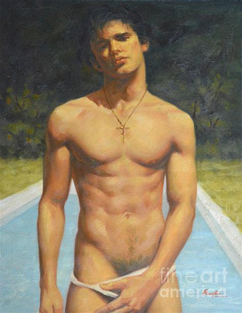 Original Man Oil Painting Gay Body Art Male Nude By The