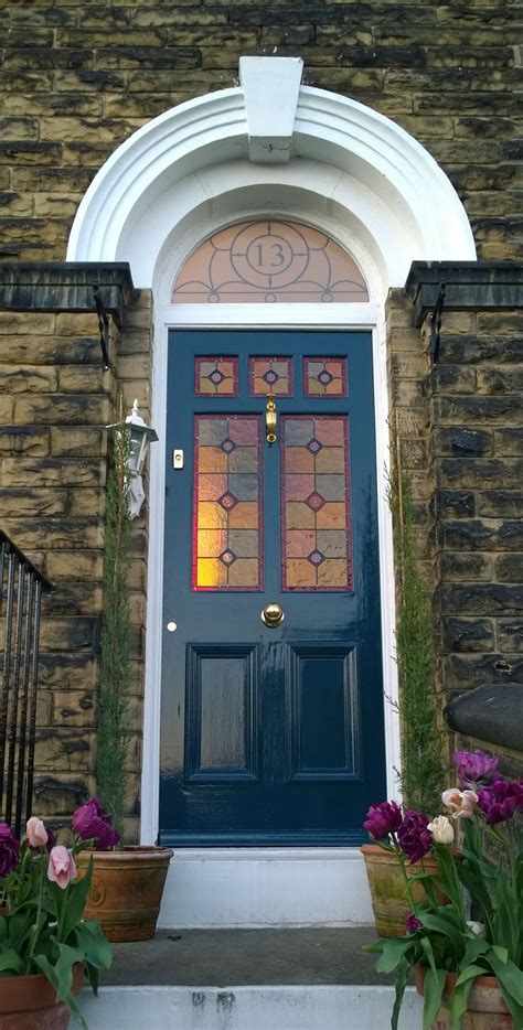 Stained Glass Victorian Front Door In Farrow And Ball Hague Blue