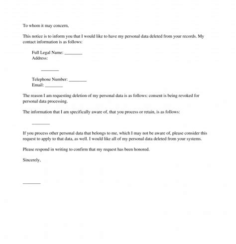 personal data deletion request sample template
