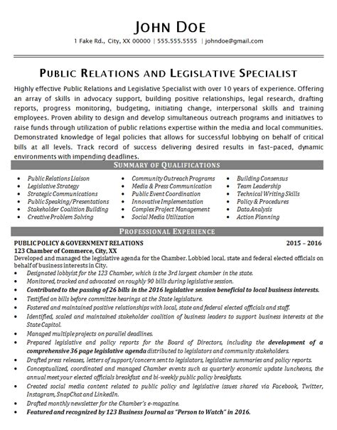 public relations resume  political legislative specialist