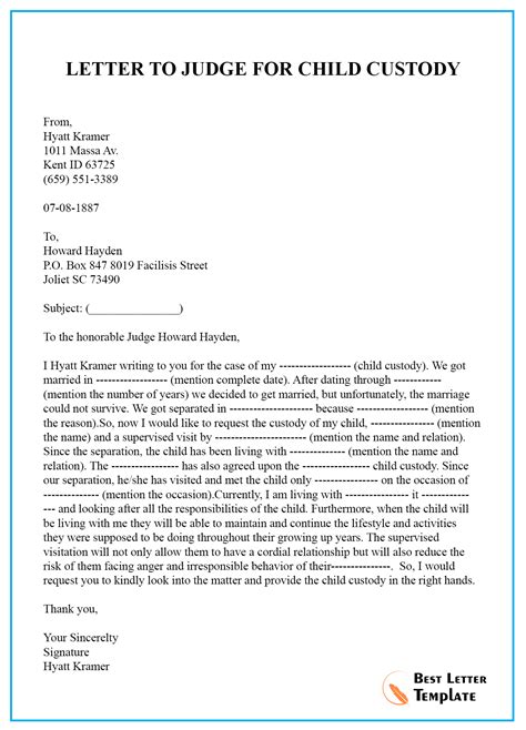 sample letter  judge  child custody  letter template