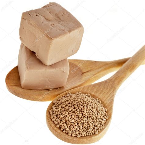 baking ingredient yeast powder  wooden spoon stock photo  madllen