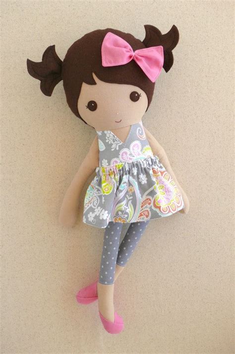 Reserved For Thu Fabric Doll Rag Doll Brown Haired Girl In Gray And