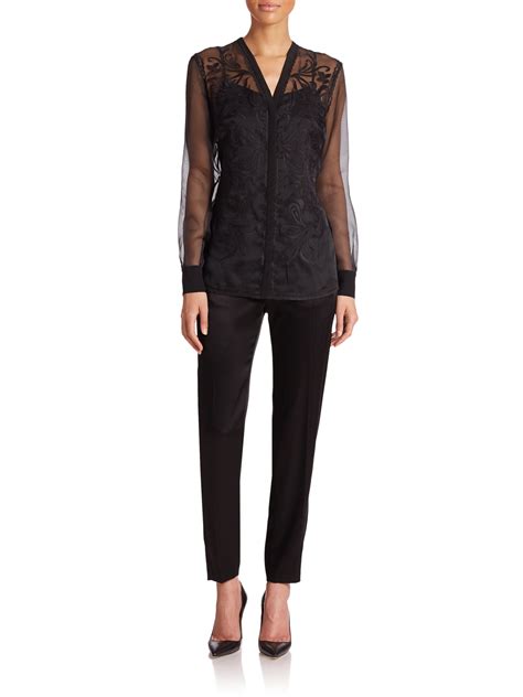 Lyst Escada Embroidered Sheer Silk Blouse In Black