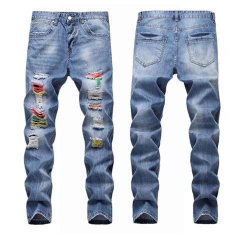 ripped jeans  men distressed skinny jeans streetwear blue lightweight stretch denim pants men