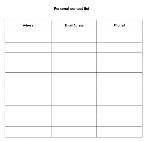 contact list template   word  documents