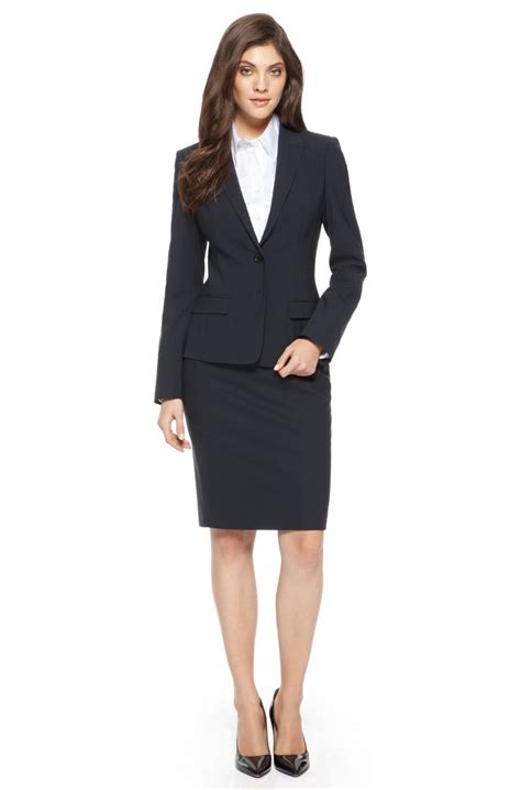 boss stretch wool navy skirt suit office fashion women
