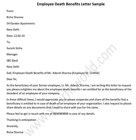 employee death benefits letter sample death claim letter hr letter