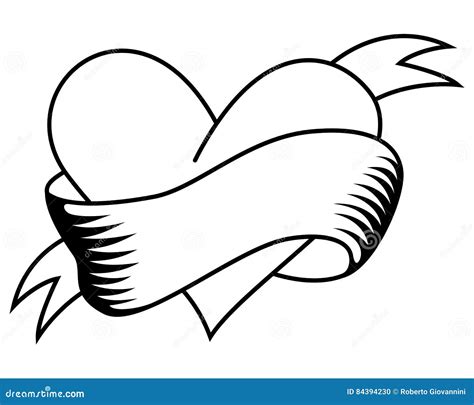 coloring retro heart  ribbon tattoo stock vector illustration