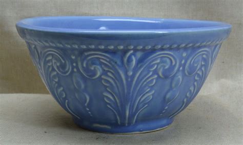 antique blue stoneware pottery  mixing bowl stilt marks