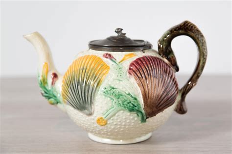 Antique 1800s Teapot Majolica Ceramic Seashell Teapot With Pewter