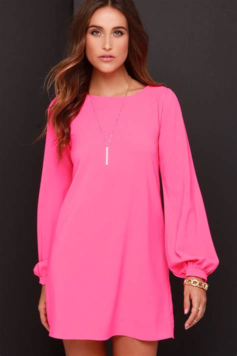 Cute Hot Pink Dress Shift Dress Long Sleeve Dress 38 00