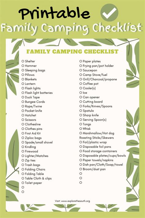 family camping checklist  activities explore  south