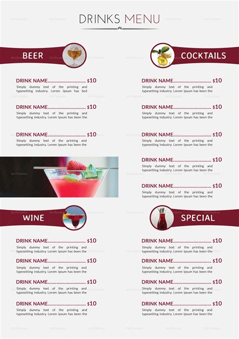 cocktail drinks menu design template  psd word publisher