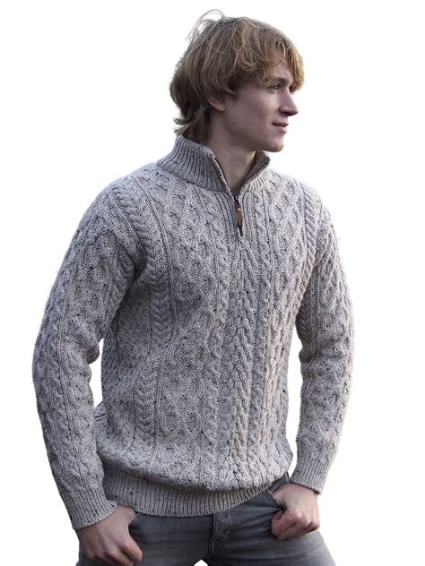 mens sweater  zip merino wool irish pullover traditional aran