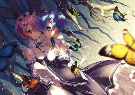 2girls Blue Eyes Blue Hair Butterfly Maid Pink Eyes Pink