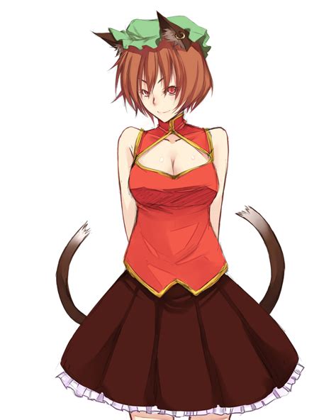 breasts solo touhou short hair smile brown hair hat red