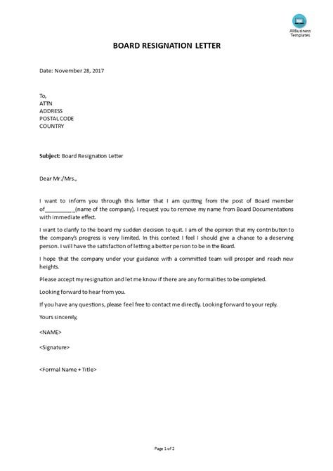 board resignation letter templates  allbusinesstemplatescom