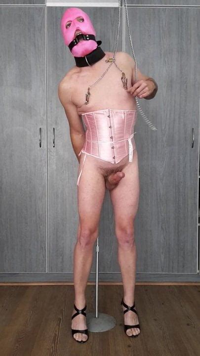 sissy in pink hood and corset self torture xhamster