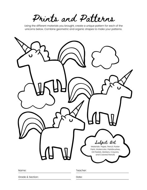 unicorn print pattern worksheet etsy