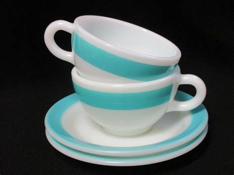 vtg pyrex wide turquoise aqua band double tough coffee tea cups saucers  pcs pyrex vintage