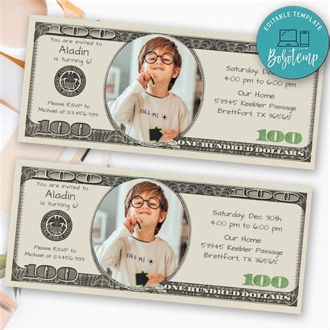 printable money birthday invitation instant  bobotemp
