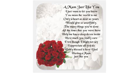 mom poem red roses square sticker zazzle