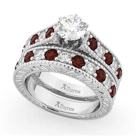 Antique Diamond And Garnet Bridal Wedding Ring Set 14k White Gold 2 75ct