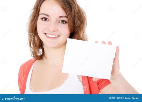 teenage girl holding blank white card stock photography image