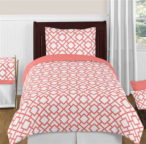 Mod Diamond Coral And White Twin Bedding Collection