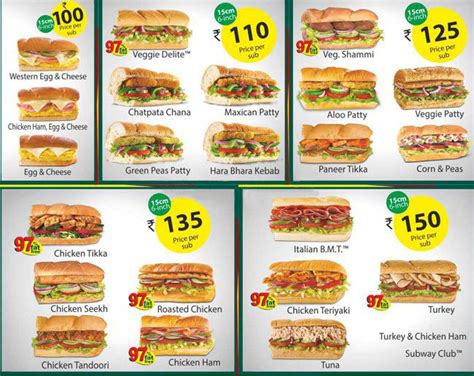 printable subway menu  prices