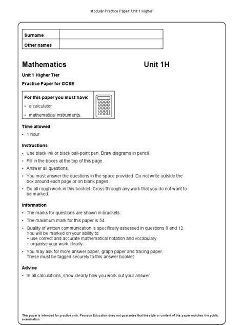 gcse maths  paper higher unit  practice paper  aqa