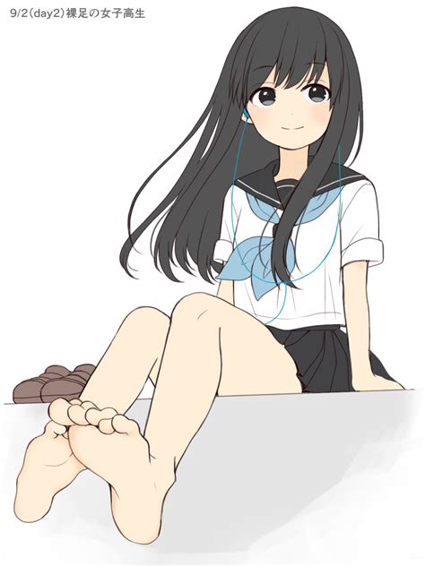 Safebooru 1girl Barefoot Black Hair Blush Earphones Feet Grey Eyes